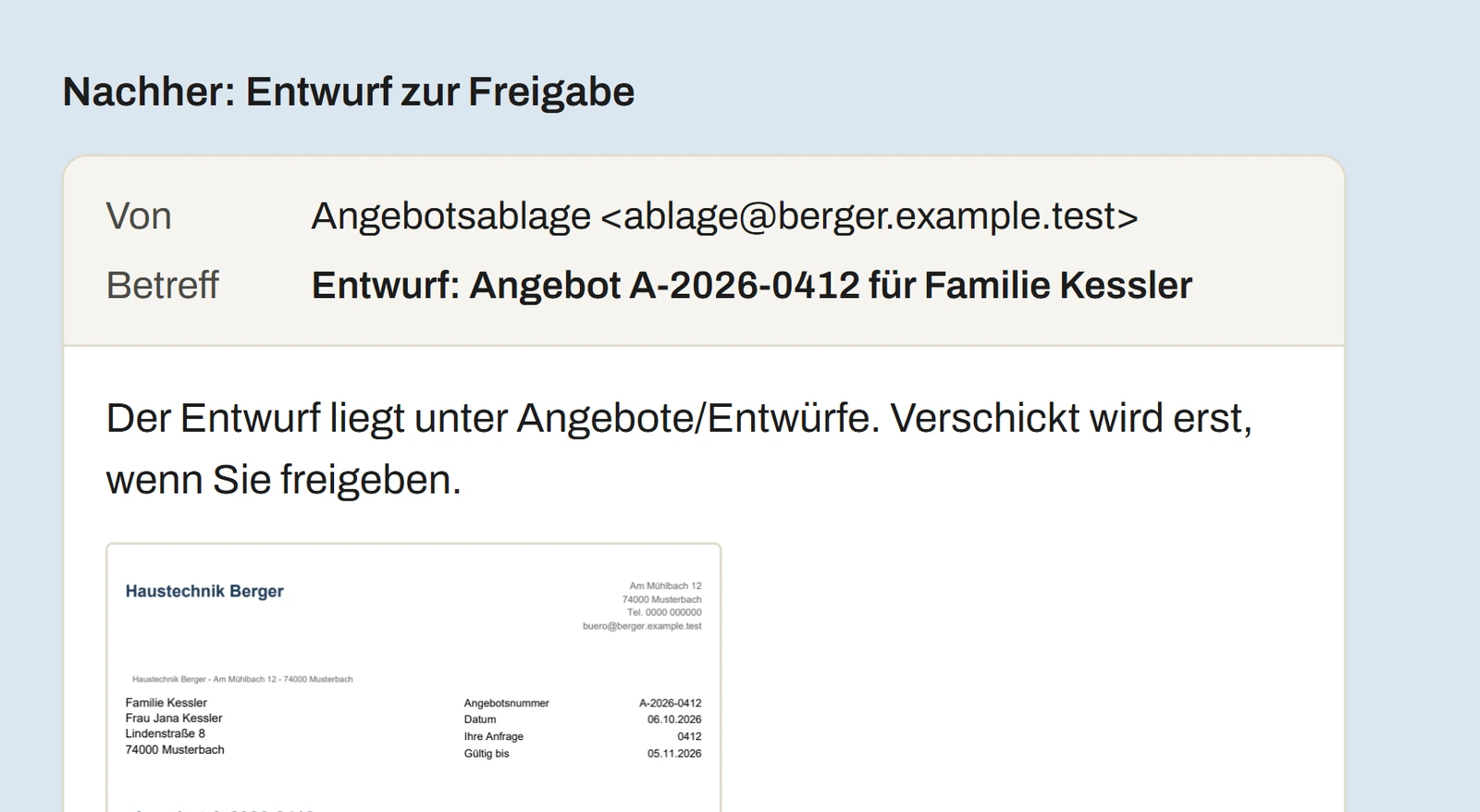 Demo Haustechnik Berger: Mail "Entwurf: Angebot A-2026-0412 für Familie Kessler" mit dem Angebots-PDF zur Freigabe